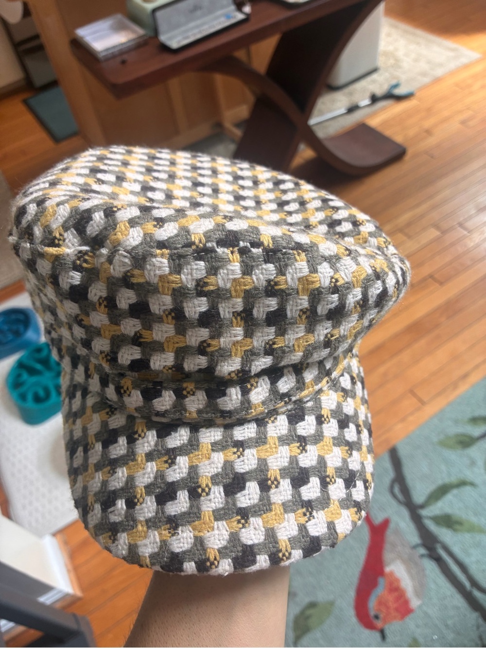 Vintage woven Check Pattern Home Accent Hat in Gray, White & Yellow